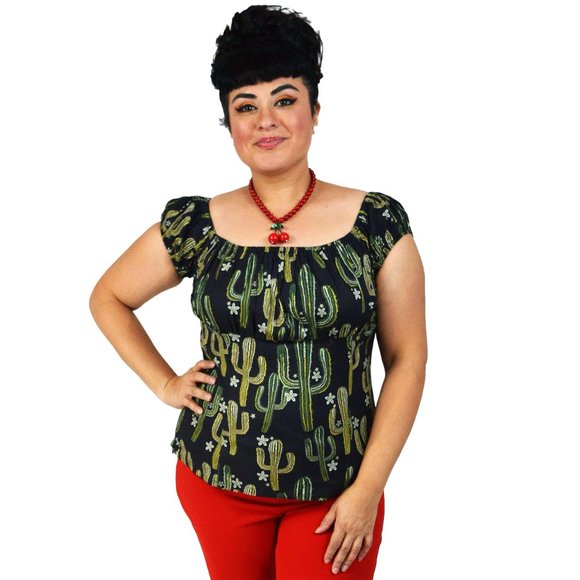 Cactus Print Black Top - Picture 1 of 10